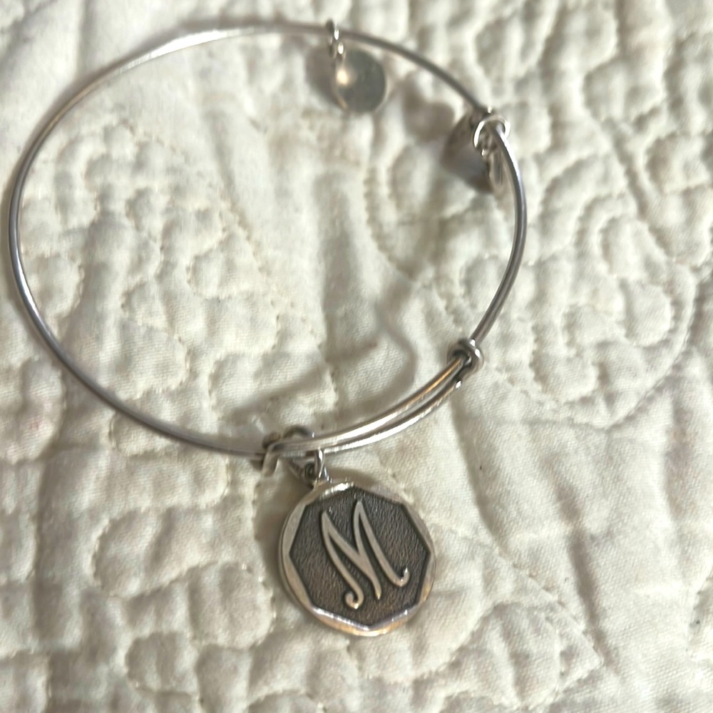 Alex & Ani Monogram Initial M Charm Bangle Bracelet Mothers Day Gift. Silver.